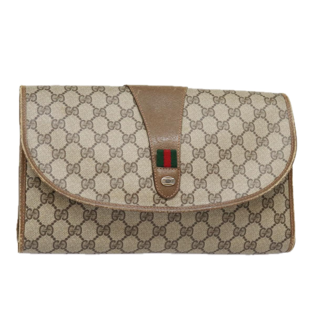 GUCCI GG Supreme Web Sherry Line Clutch Bag PVC Beige Red 89 01 031 Auth 92091