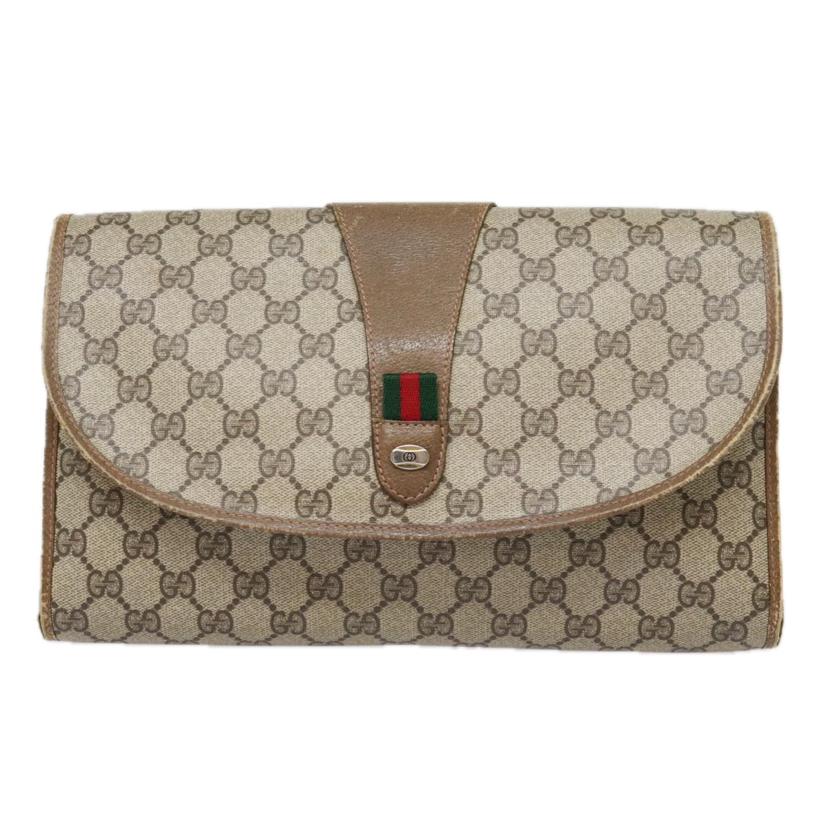 GUCCI GG Supreme Web Sherry Line Clutch Bag PVC Beige Red 89 01 031 Auth 92091