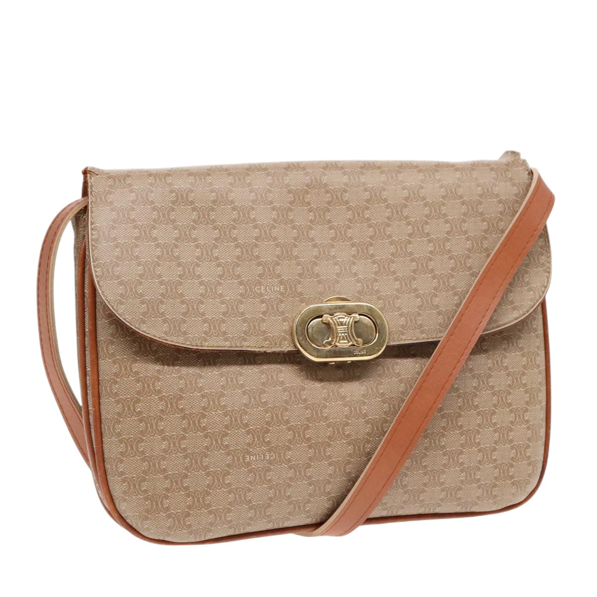 CELINE Macadam Canvas Shoulder Bag Beige Gold Auth 92094