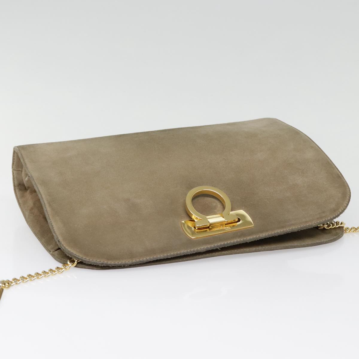 Salvatore Ferragamo Gancini Chain Shoulder Bag Suede Beige Gold Auth 92095