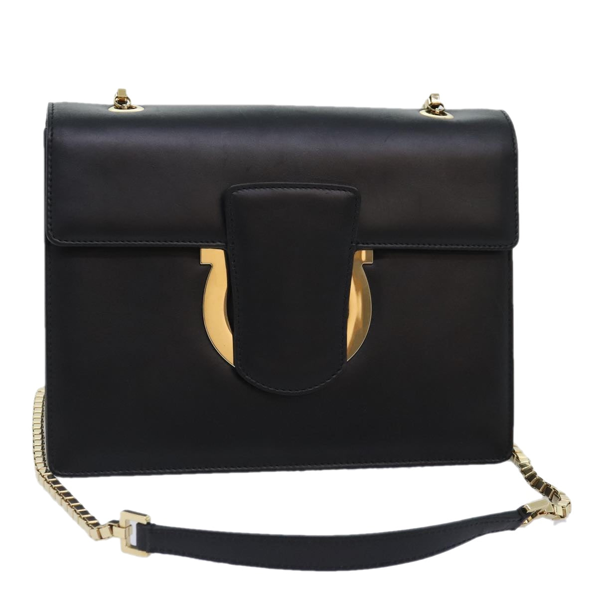 Salvatore Ferragamo Chain Shoulder Bag Leather Black Gold Auth 92096