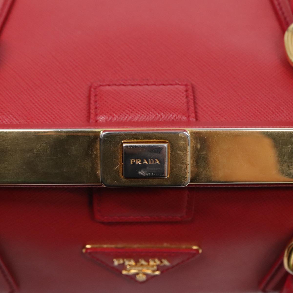 PRADA Hand Bag Safiano leather Red Gold Auth 92106