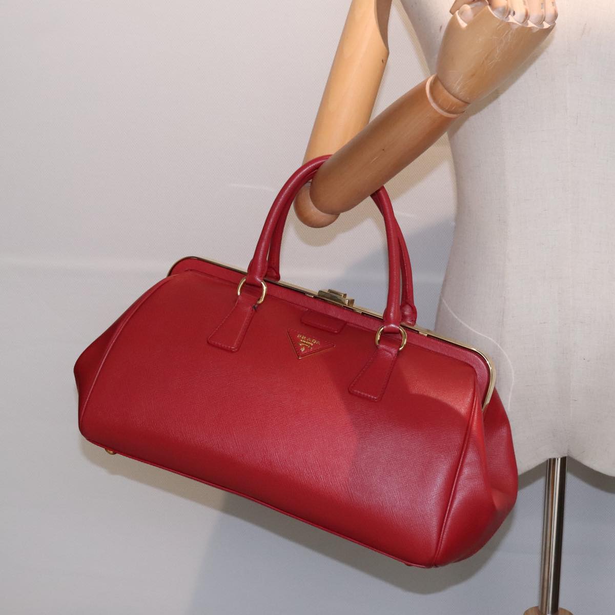 PRADA Hand Bag Safiano leather Red Gold Auth 92106