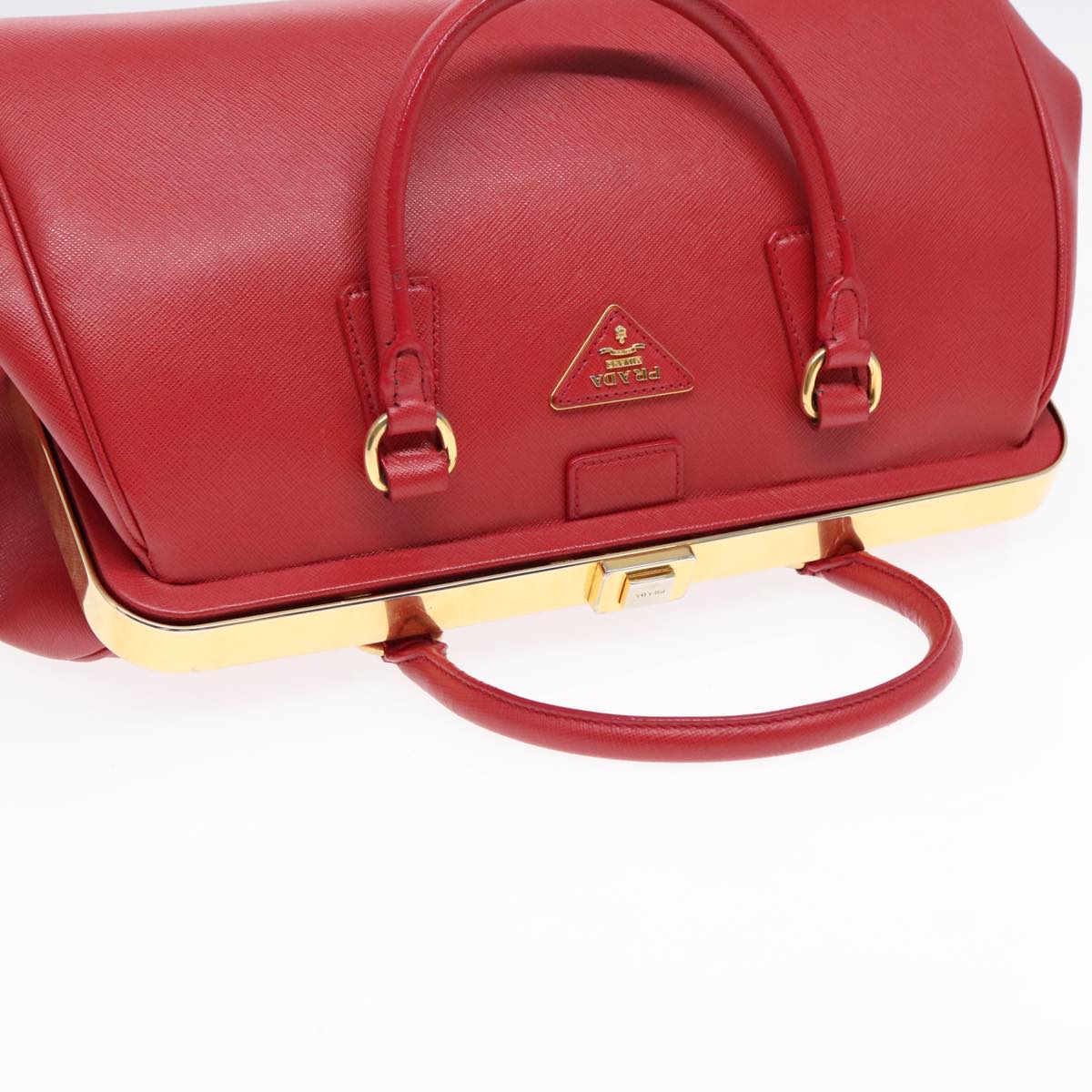 PRADA Hand Bag Safiano leather Red Gold Auth 92106