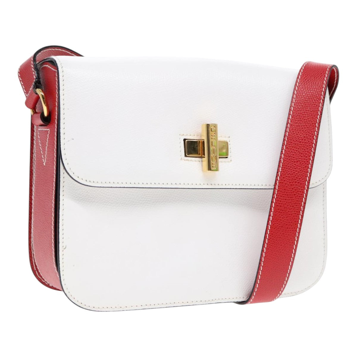 CELINE Shoulder Bag Leather Red White gold Auth 92112