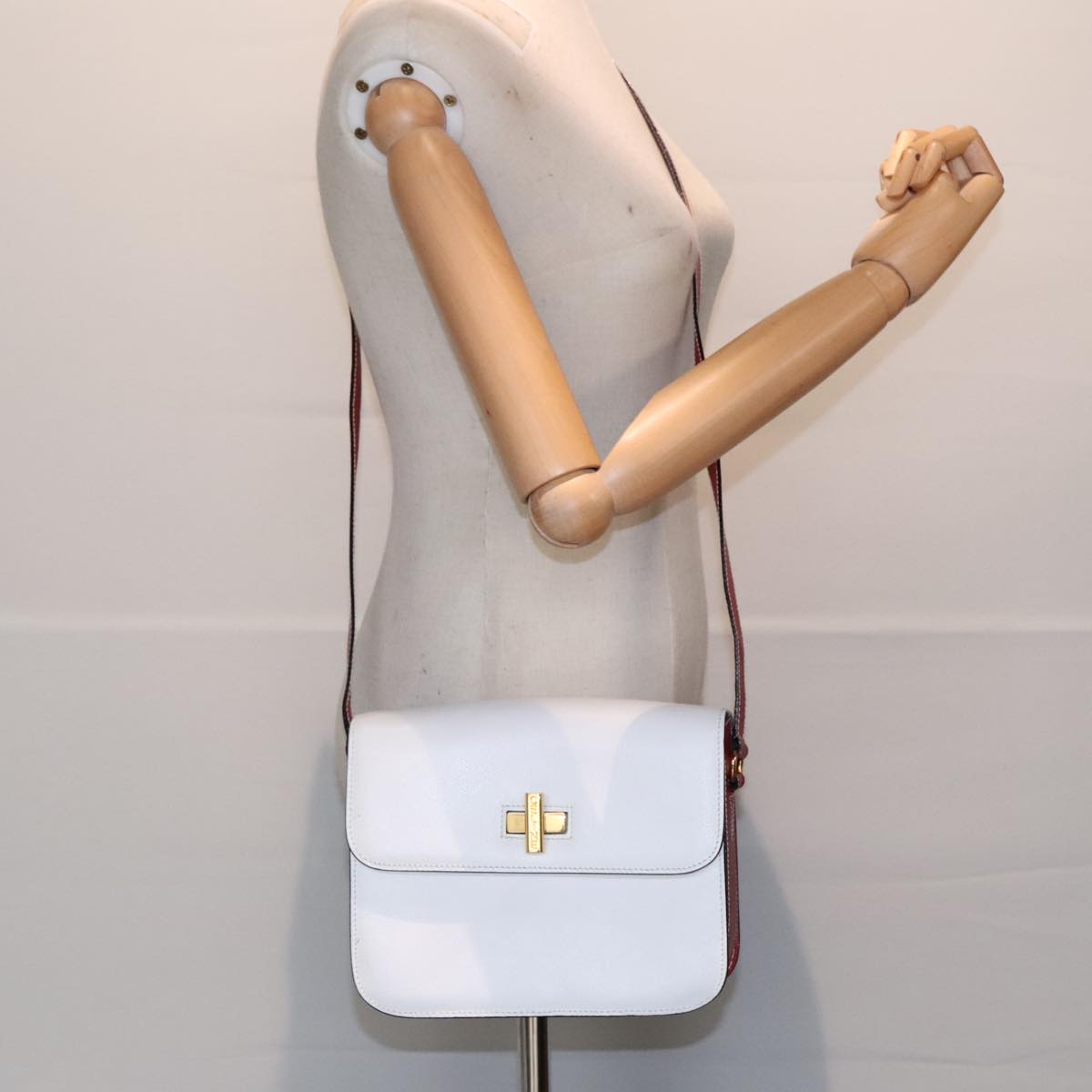 CELINE Shoulder Bag Leather Red White gold Auth 92112