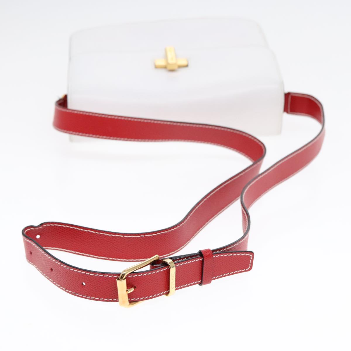 CELINE Shoulder Bag Leather Red White gold Auth 92112