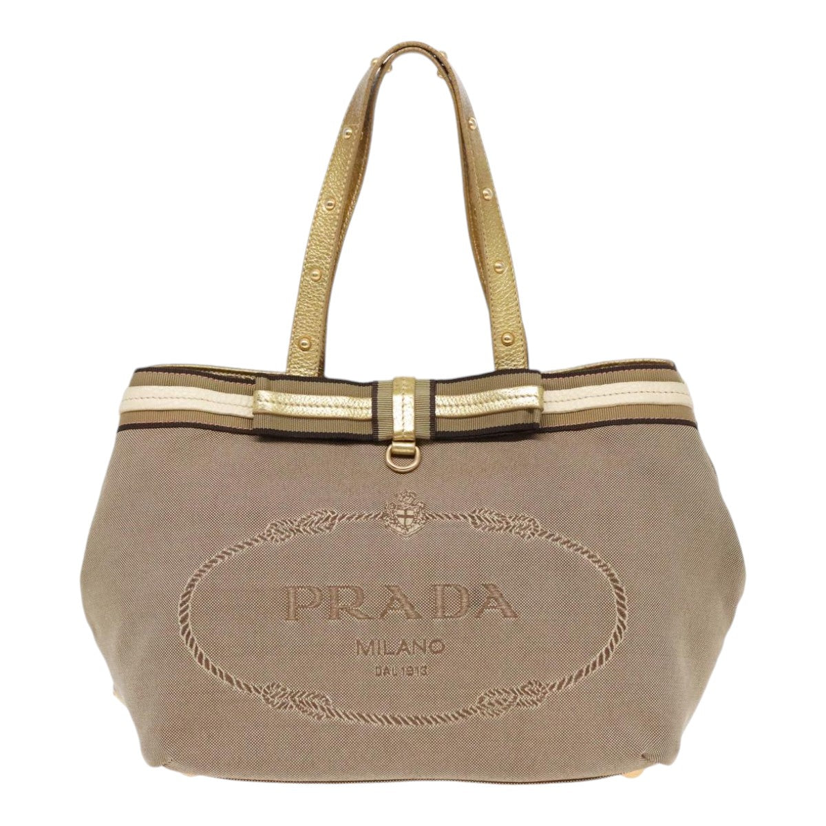 PRADA Hand Bag Canvas Leather Beige Gold Auth 92121 - 0