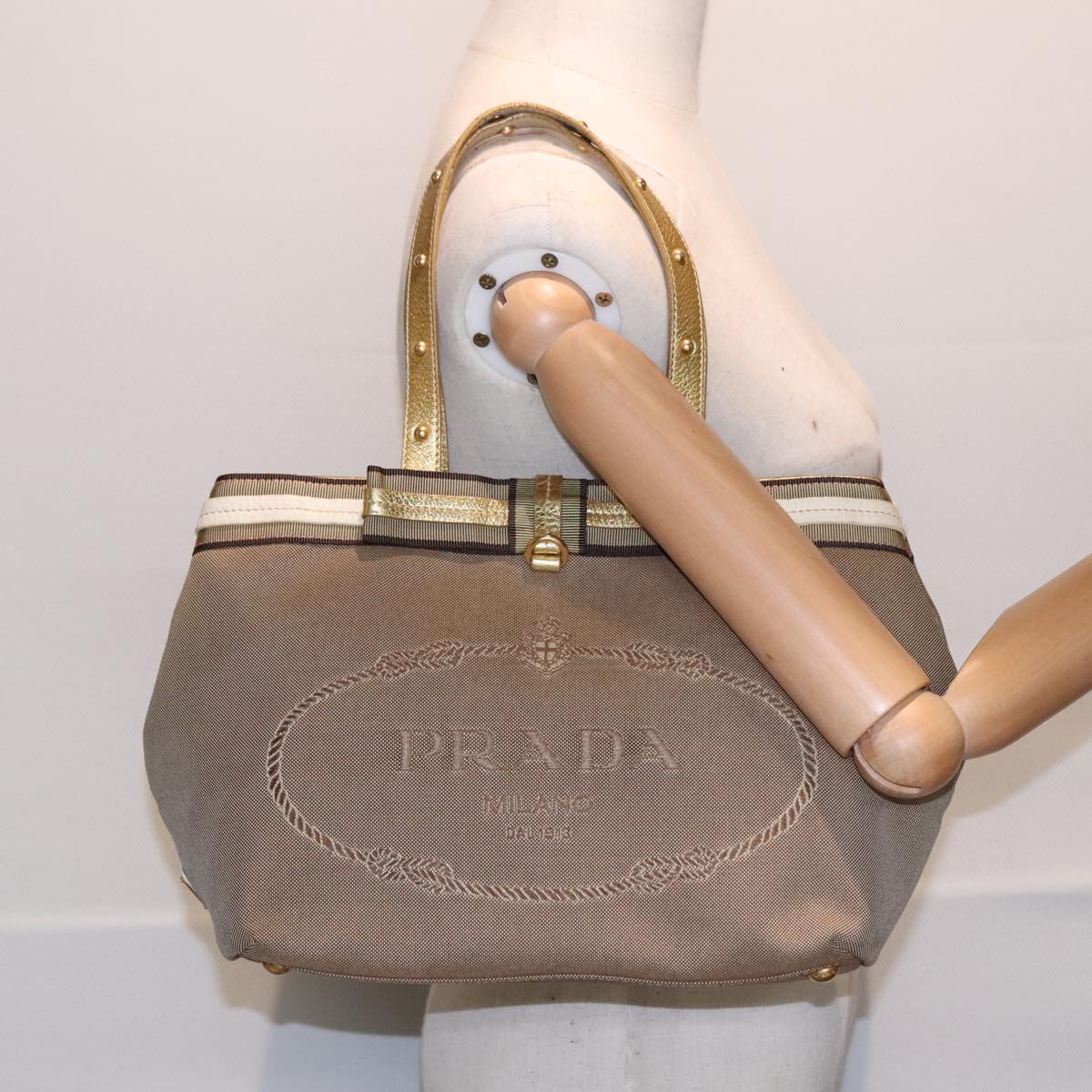 PRADA Hand Bag Canvas Leather Beige Gold Auth 92121