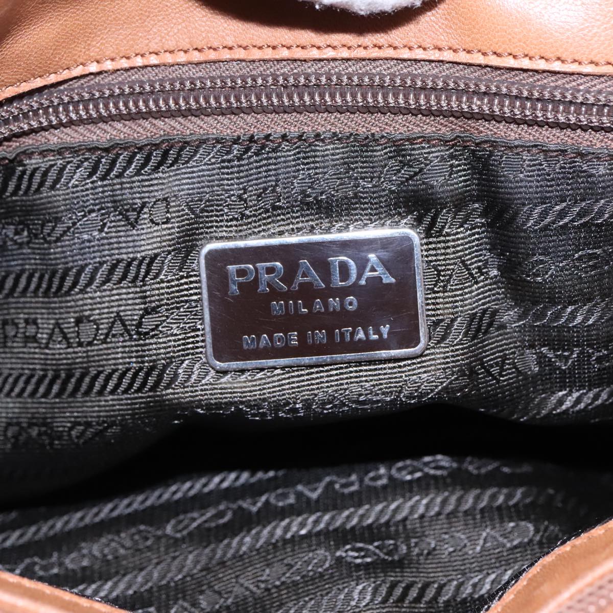 PRADA Tote Bag Leather Brown Silver Auth 92122