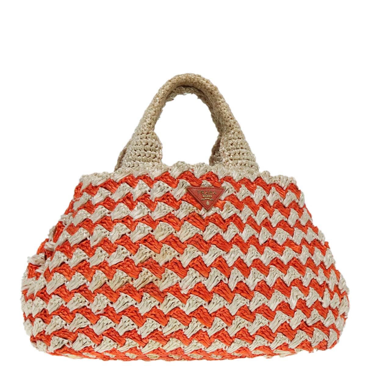 PRADA Canapa MM Hand Bag Raffia Beige Orange Gold Auth 92124