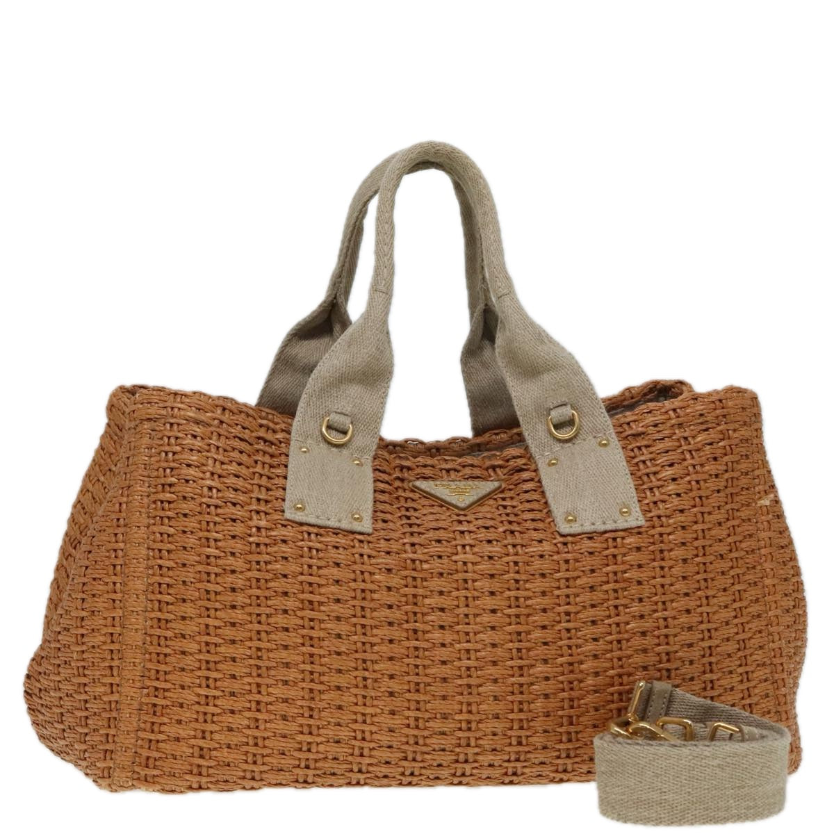 PRADA Canapa GM Hand Bag Raffia 2way Beige Gold Auth 92125