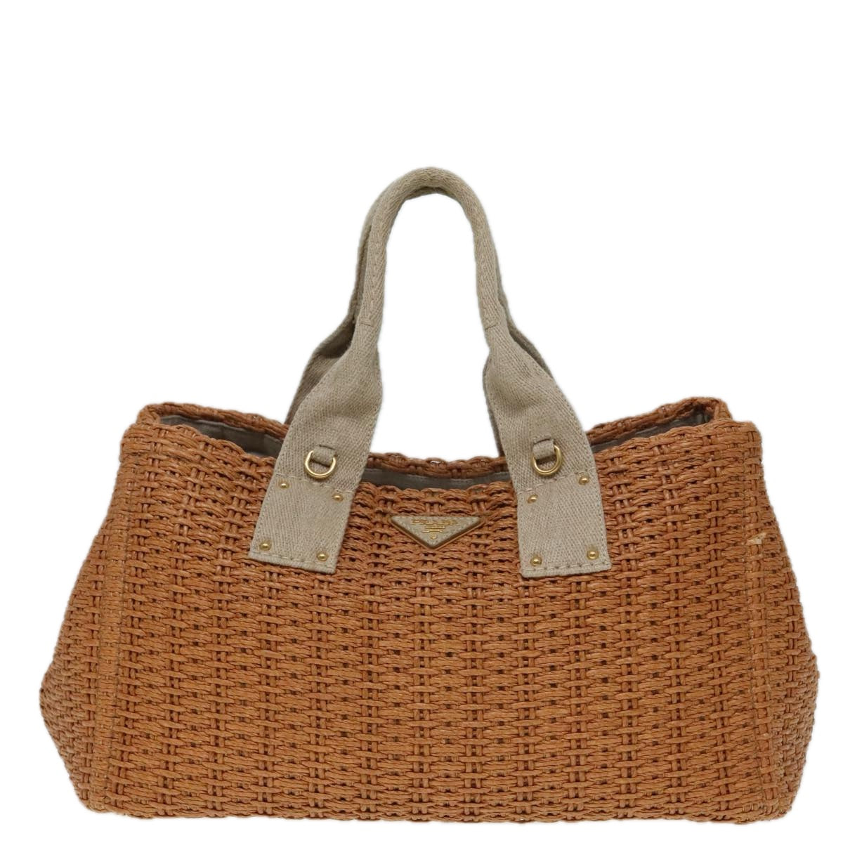 PRADA Canapa GM Hand Bag Raffia 2way Beige Gold Auth 92125