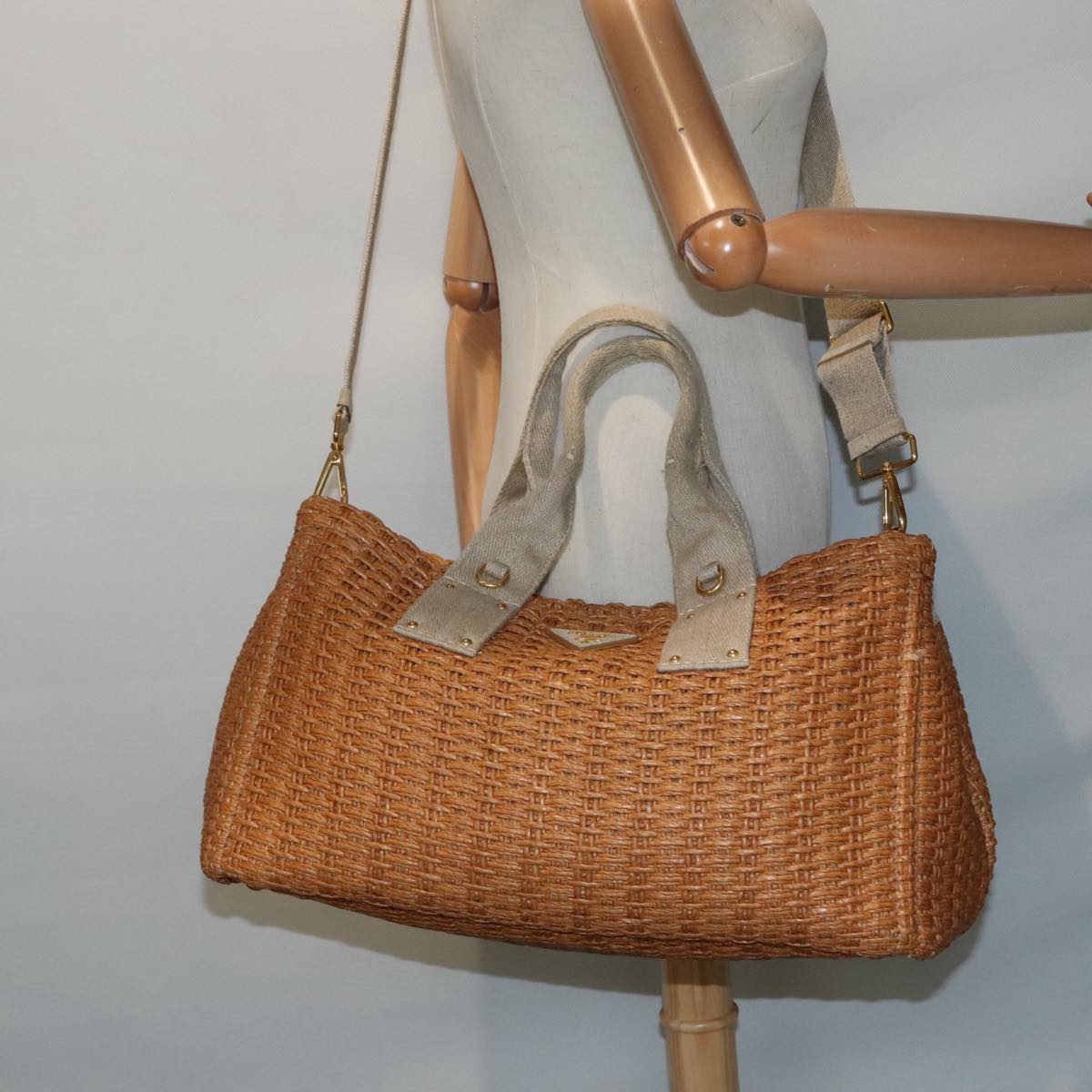 PRADA Canapa GM Hand Bag Raffia 2way Beige Gold Auth 92125