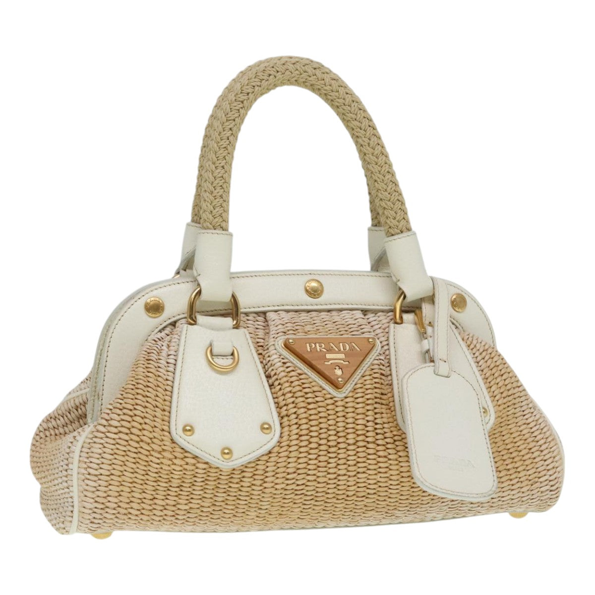 PRADA Hand Bag Straw Beige White Gold Auth 92126