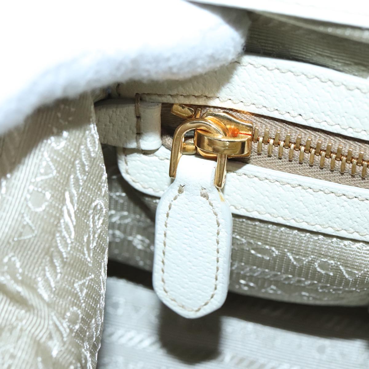 PRADA Hand Bag Straw Beige White Gold Auth 92126