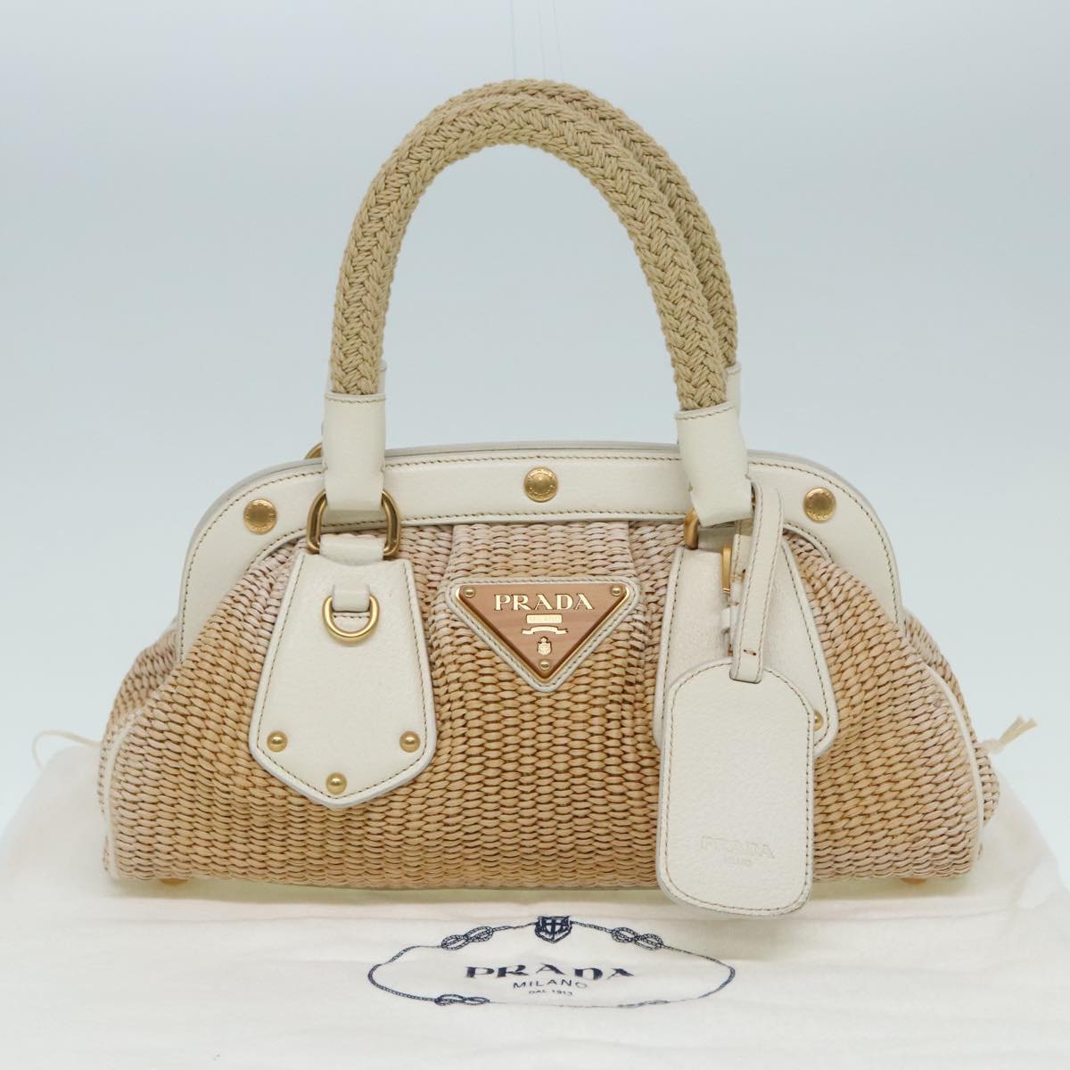 PRADA Hand Bag Straw Beige White Gold Auth 92126