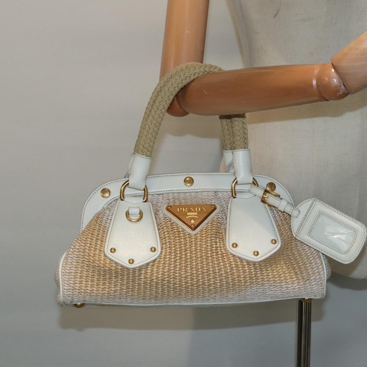 PRADA Hand Bag Straw Beige White Gold Auth 92126