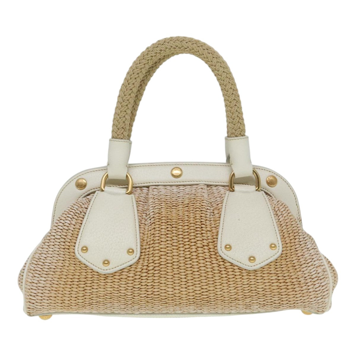 PRADA Hand Bag Straw Beige White Gold Auth 92126 - 0