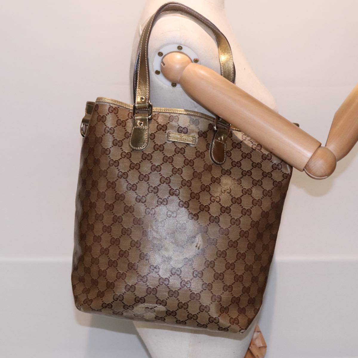 GUCCI GG Crystal Tote Bag Coated Canvas Beige Gold 189896 Auth 92133