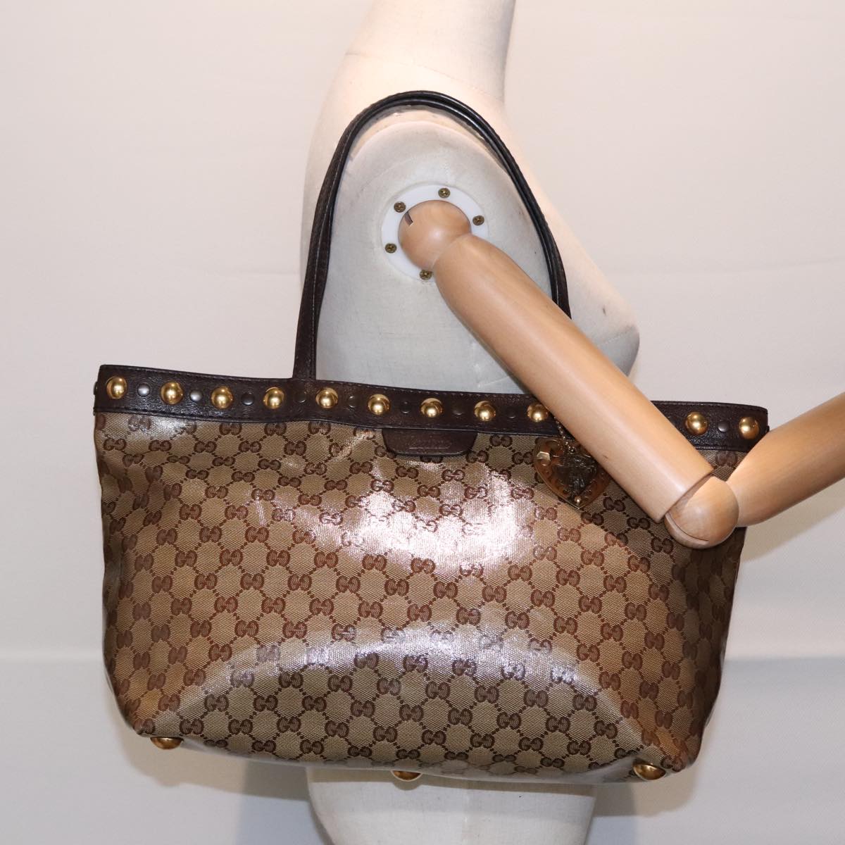 GUCCI GG Crystal Tote Bag Coated Canvas Beige Brown Gold 207291 Auth 92142