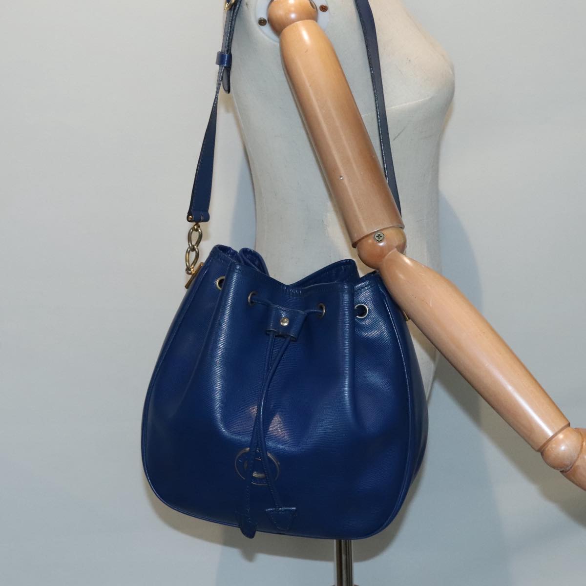 CELINE Shoulder Bag Leather Blue Gold Auth 92149