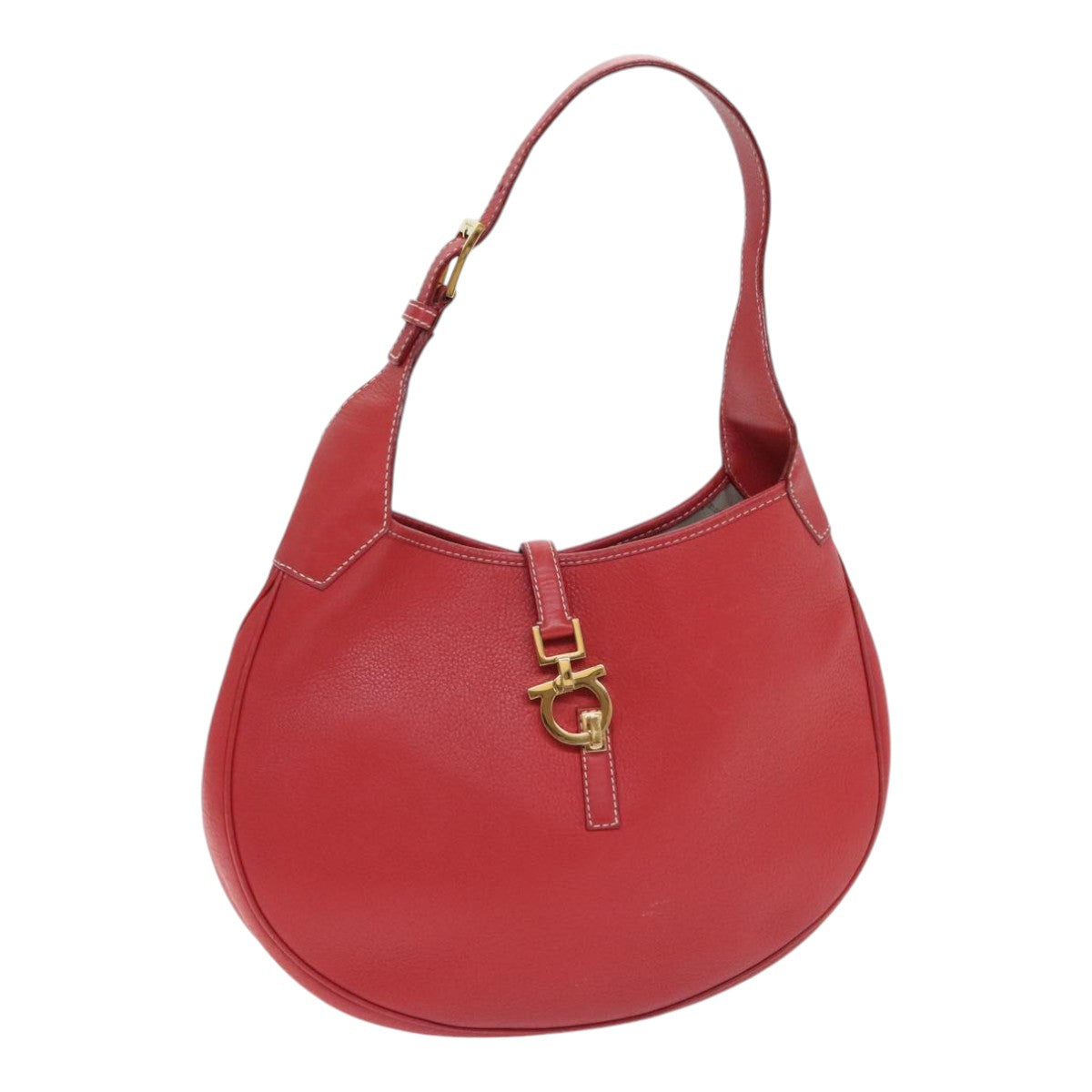 Salvatore Ferragamo Gancini Shoulder Bag Leather Red Gold Auth 92152