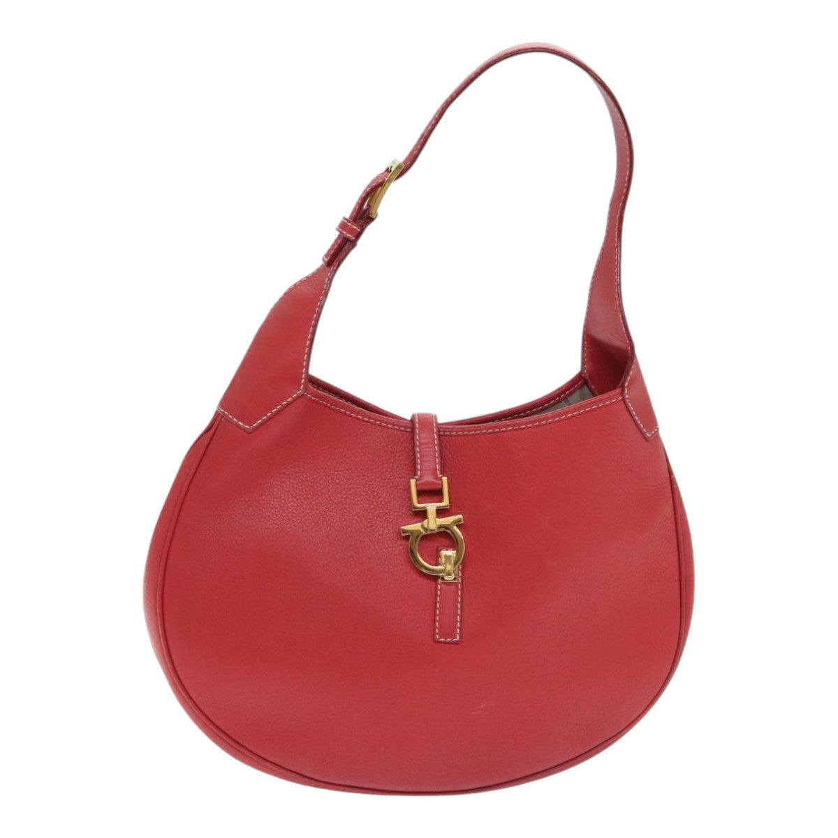 Salvatore Ferragamo Gancini Shoulder Bag Leather Red Gold Auth 92152 - 0