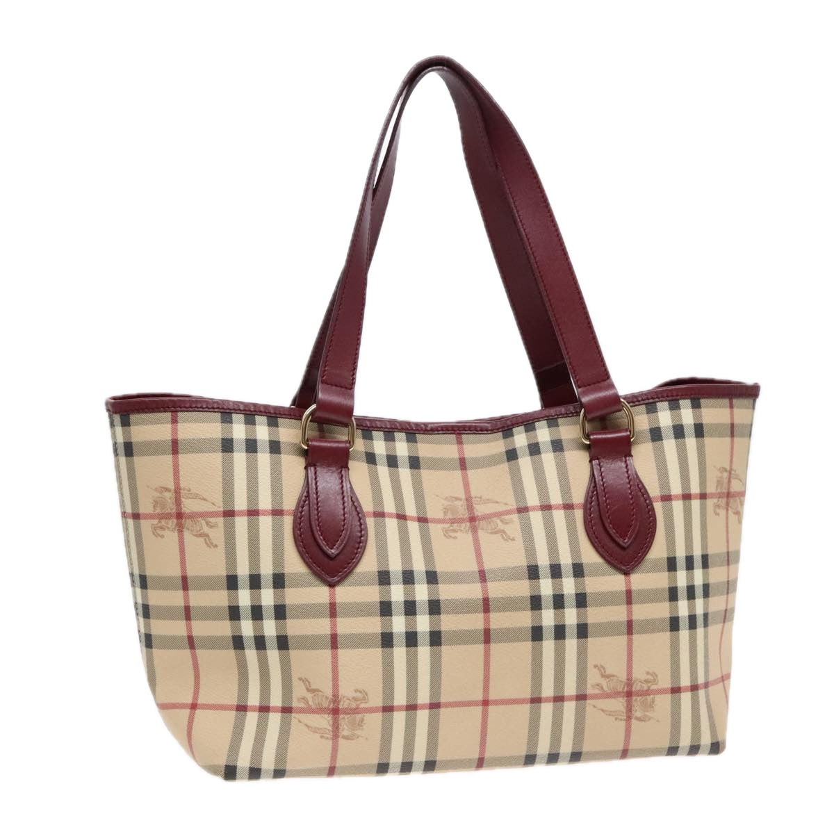 BURBERRY Nova Check Tote Bag PVC Leather Beige Wine Red Gold Auth 92156