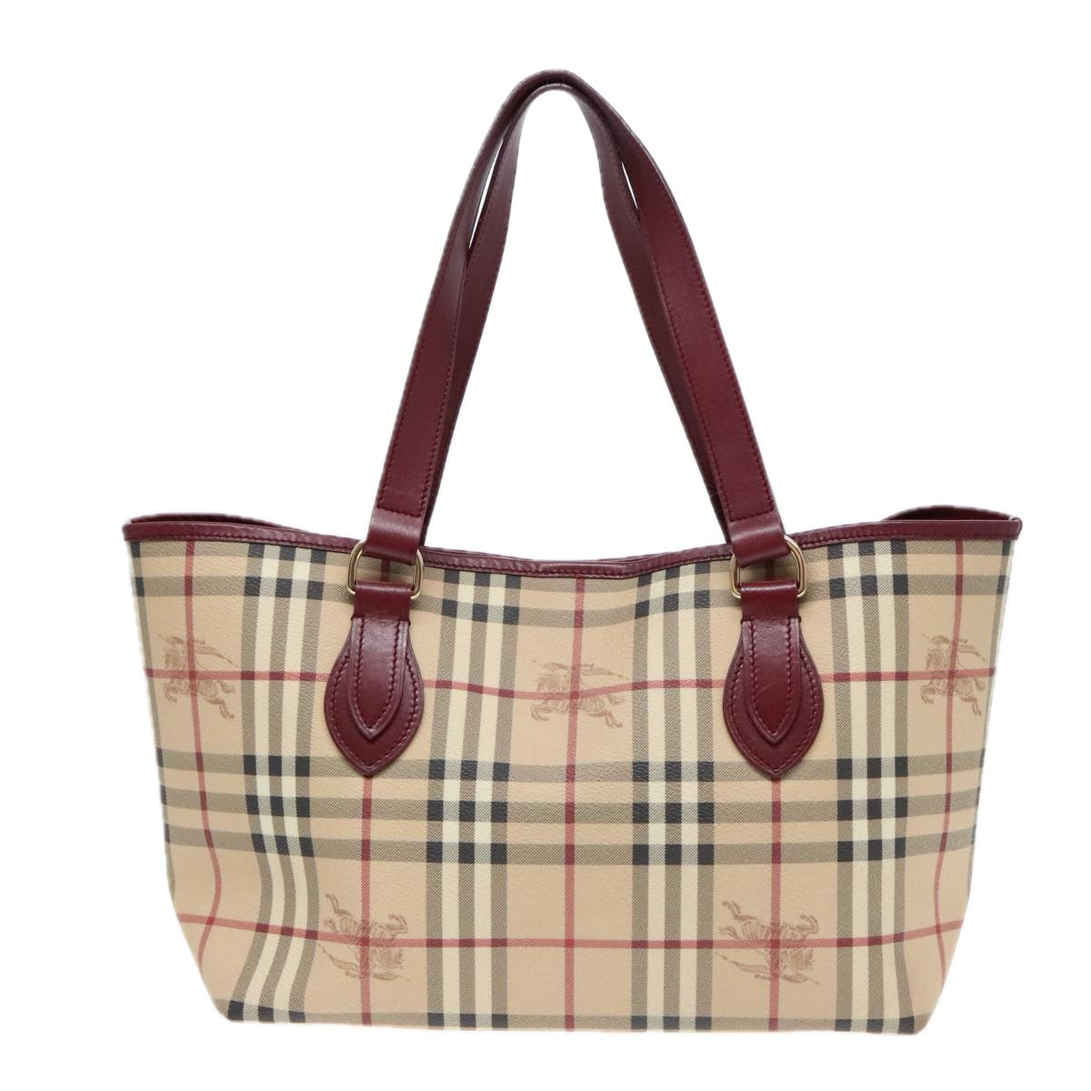 BURBERRY Nova Check Tote Bag PVC Leather Beige Wine Red Gold Auth 92156 - 0