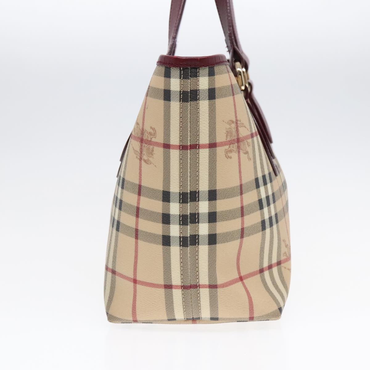 BURBERRY Nova Check Tote Bag PVC Leather Beige Wine Red Gold Auth 92156