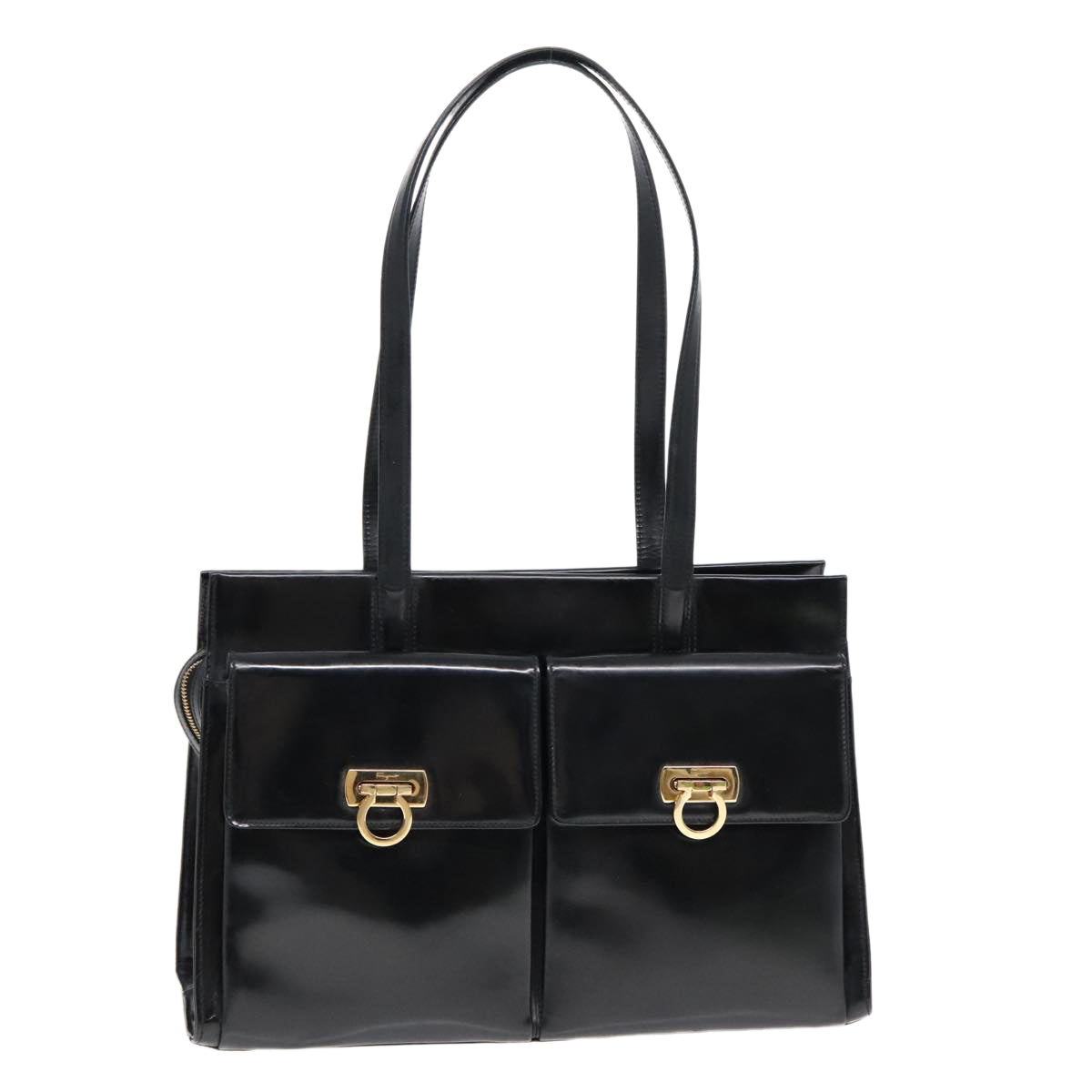 Salvatore Ferragamo Gancini Tote Bag Patent leather Black Gold Auth 92158