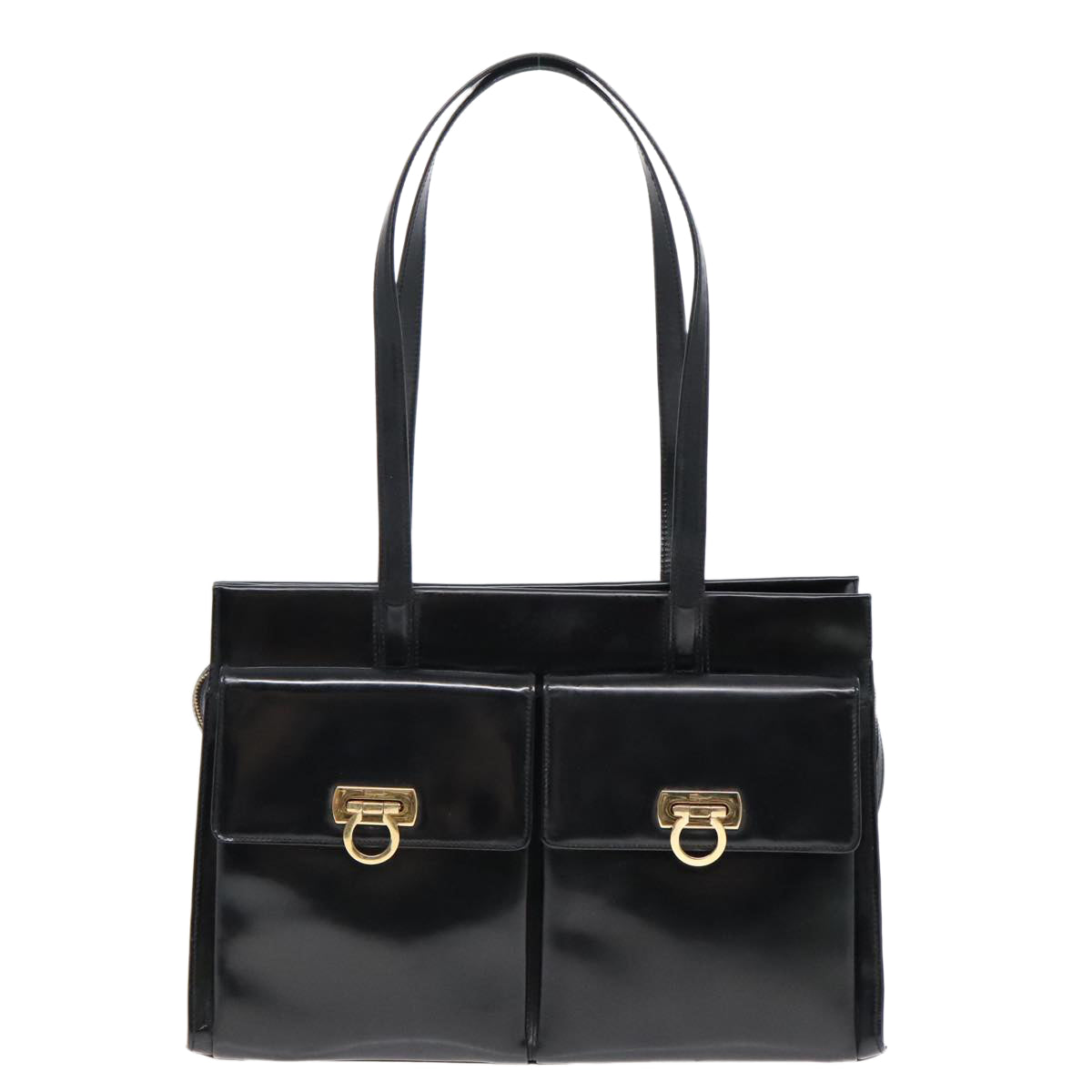 Salvatore Ferragamo Gancini Tote Bag Patent leather Black Gold Auth 92158 - 0