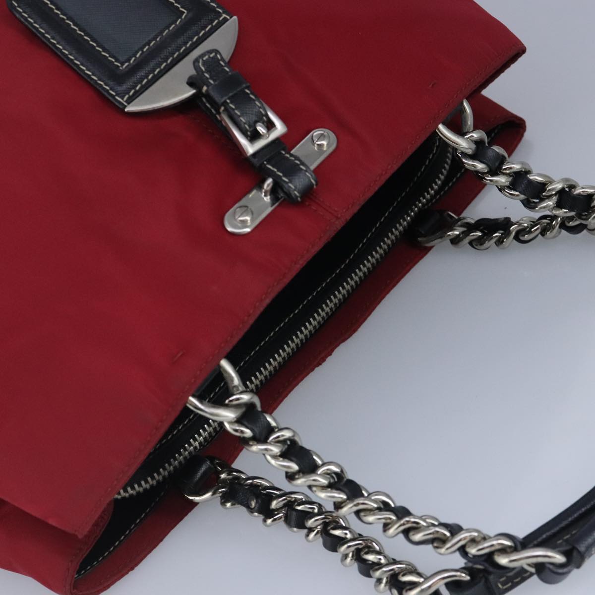 PRADA Chain Tote Bag Nylon Red Silver Auth 92161