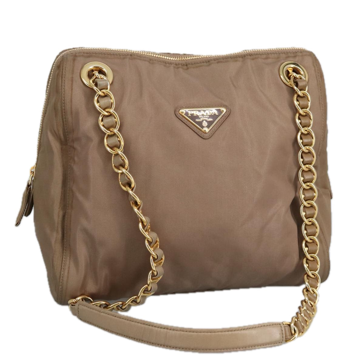 PRADA Chain Shoulder Bag Nylon Beige Gold Auth 92165