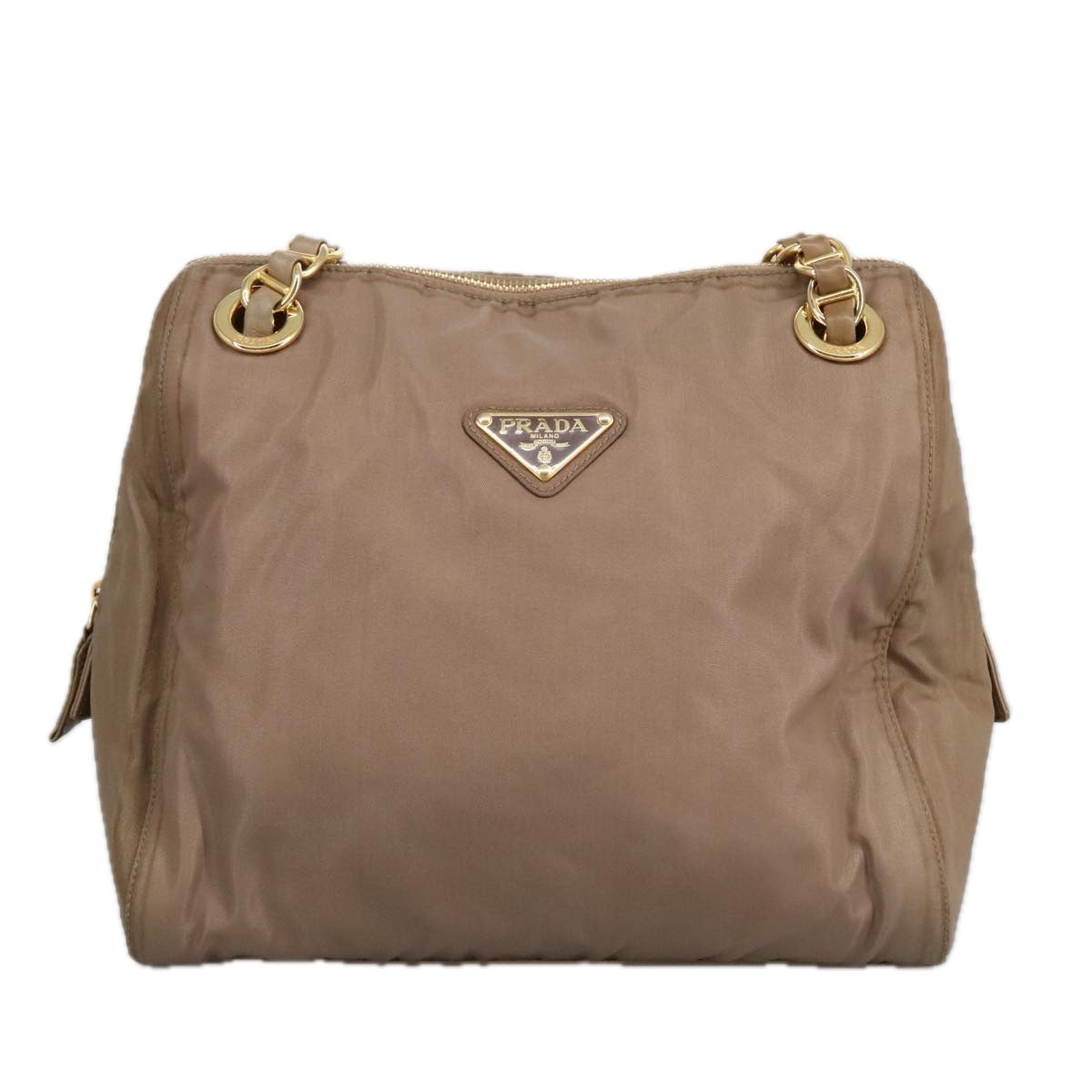 PRADA Chain Shoulder Bag Nylon Beige Gold Auth 92165