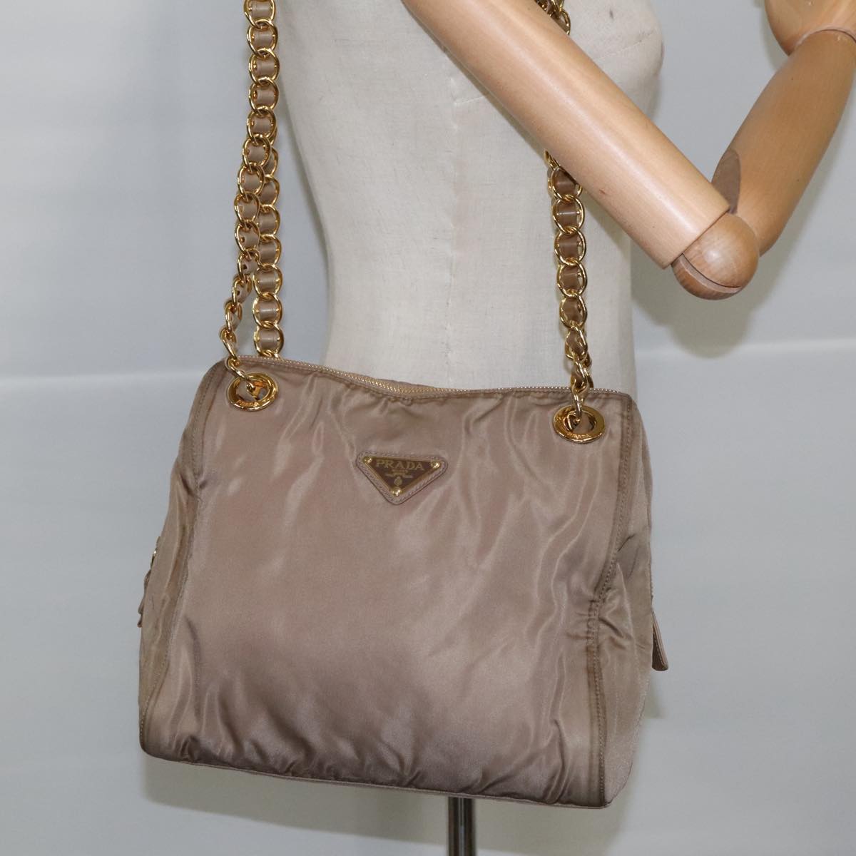 PRADA Chain Shoulder Bag Nylon Beige Gold Auth 92165