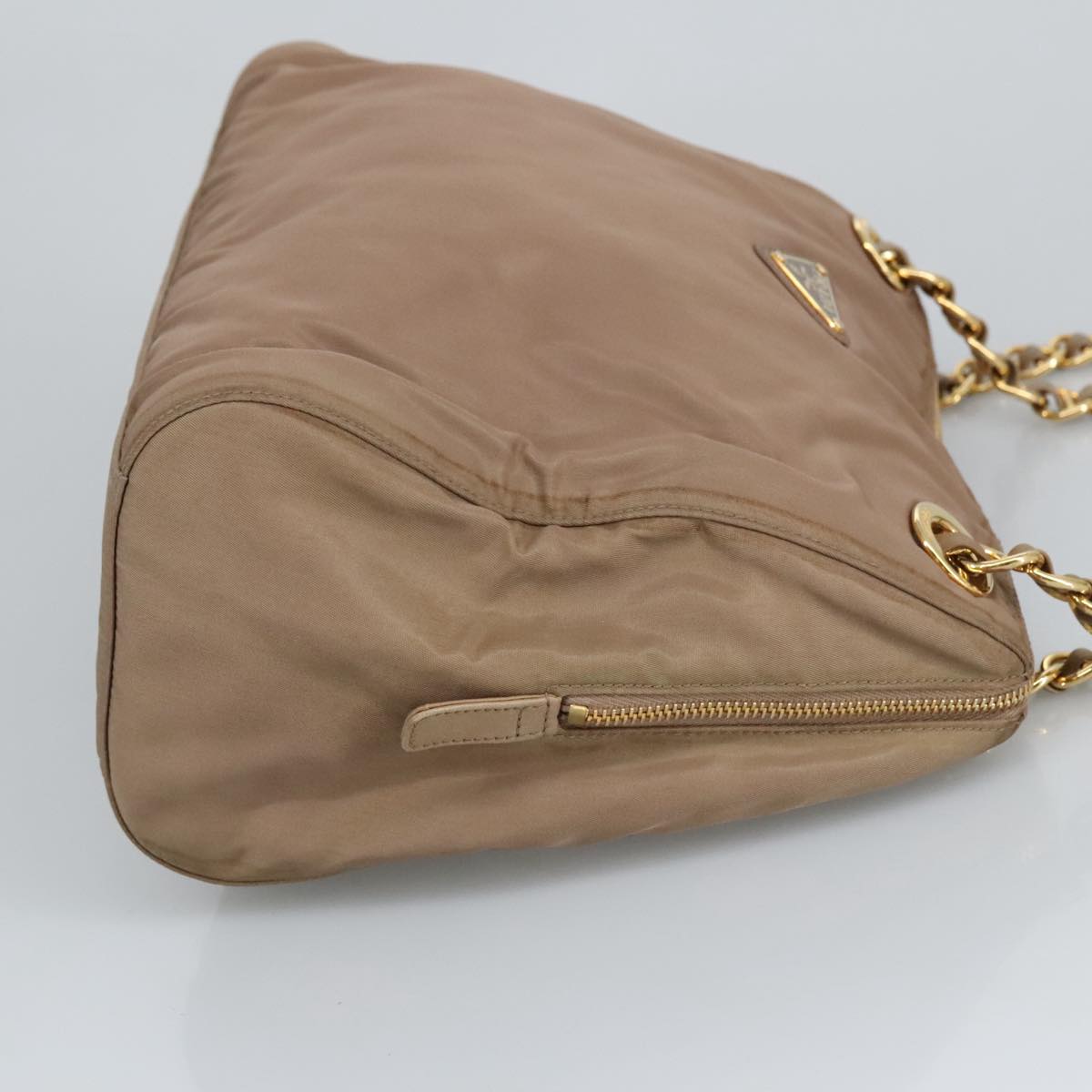 PRADA Chain Shoulder Bag Nylon Beige Gold Auth 92165