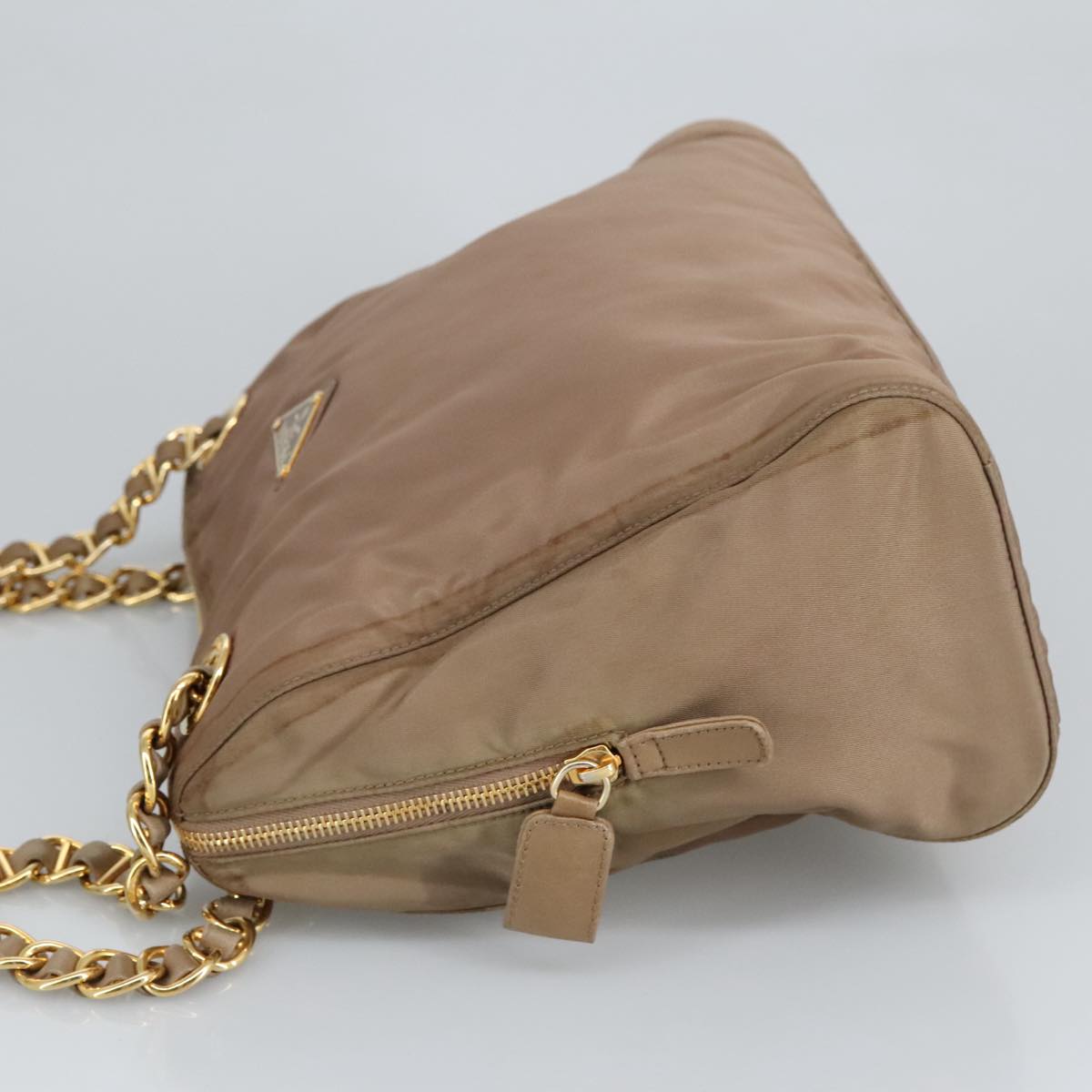 PRADA Chain Shoulder Bag Nylon Beige Gold Auth 92165