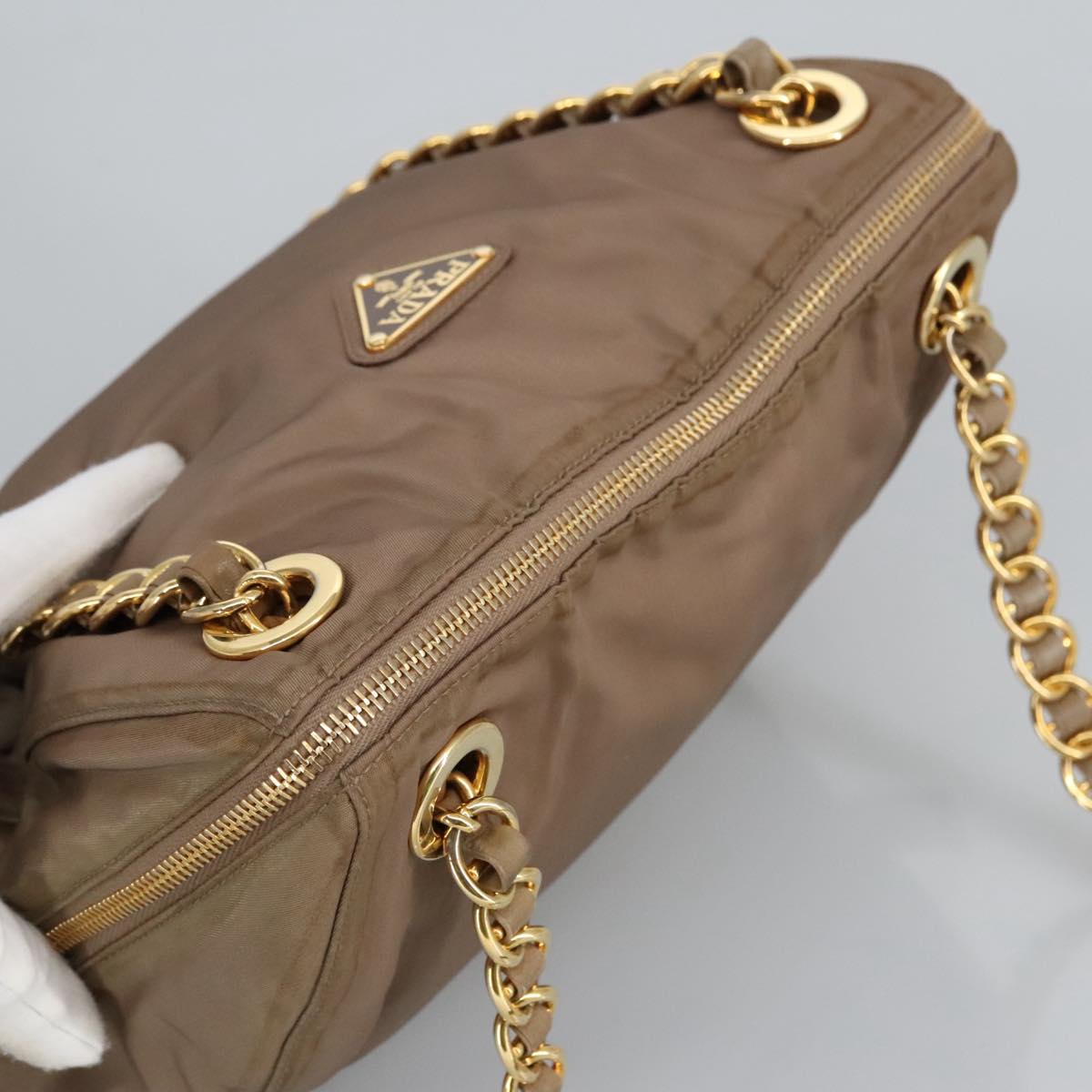 PRADA Chain Shoulder Bag Nylon Beige Gold Auth 92165