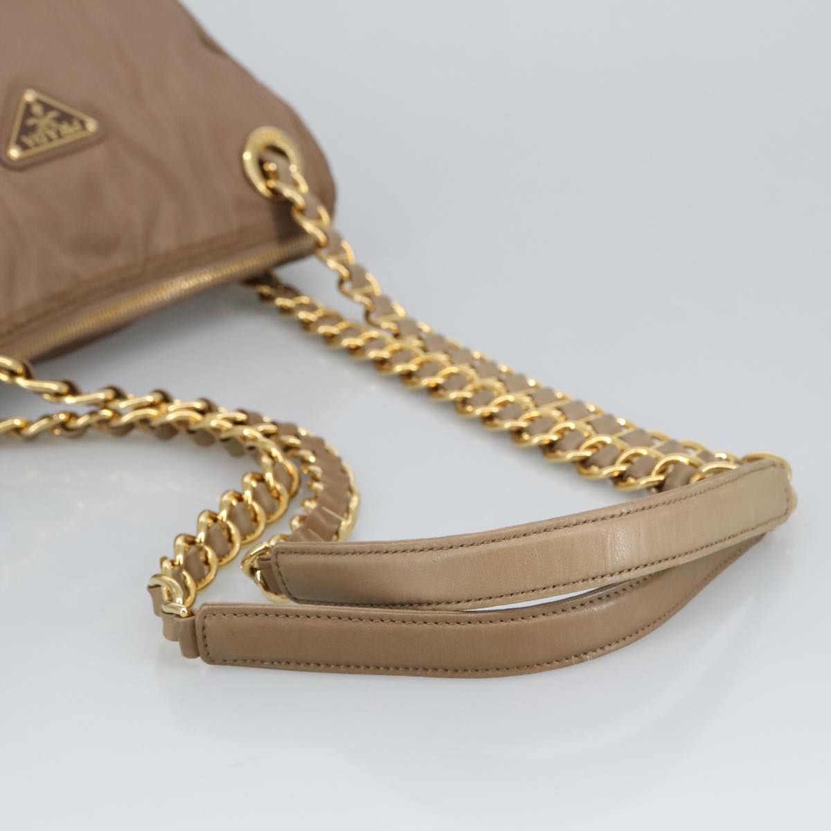 PRADA Chain Shoulder Bag Nylon Beige Gold Auth 92165