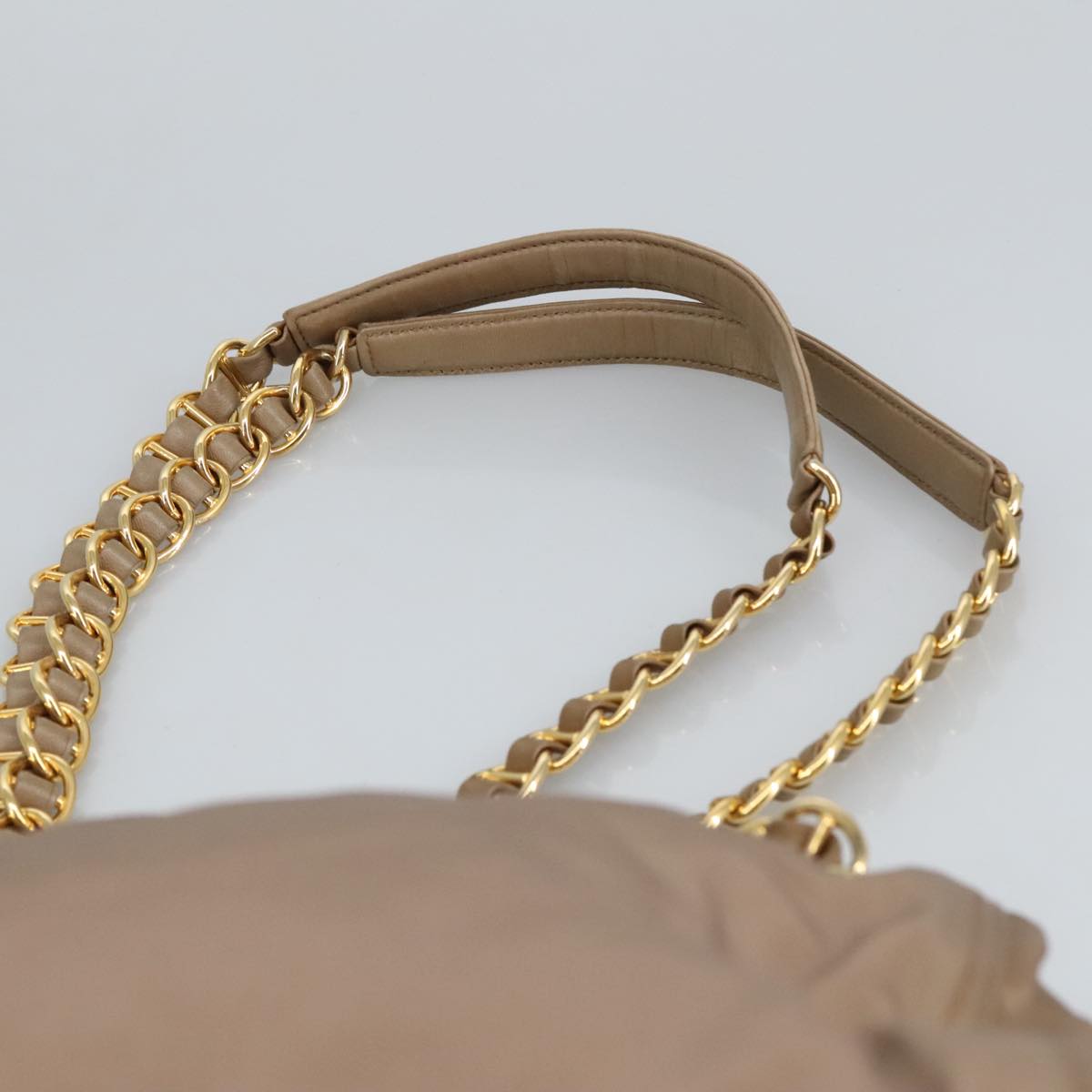 PRADA Chain Shoulder Bag Nylon Beige Gold Auth 92165