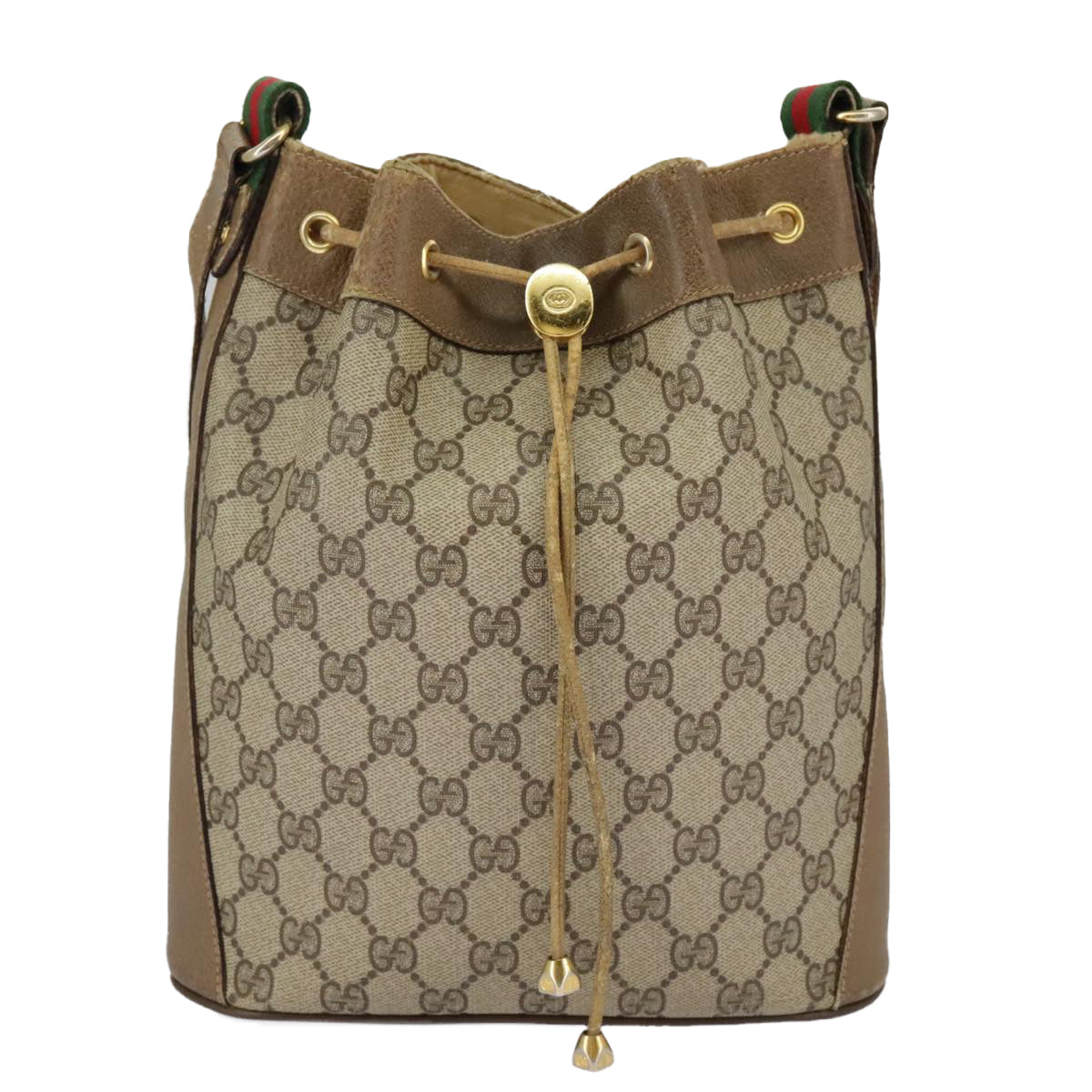 GUCCI GG Supreme Web Sherry Line Shoulder Bag PVC Beige Gold Auth 92167 - 0