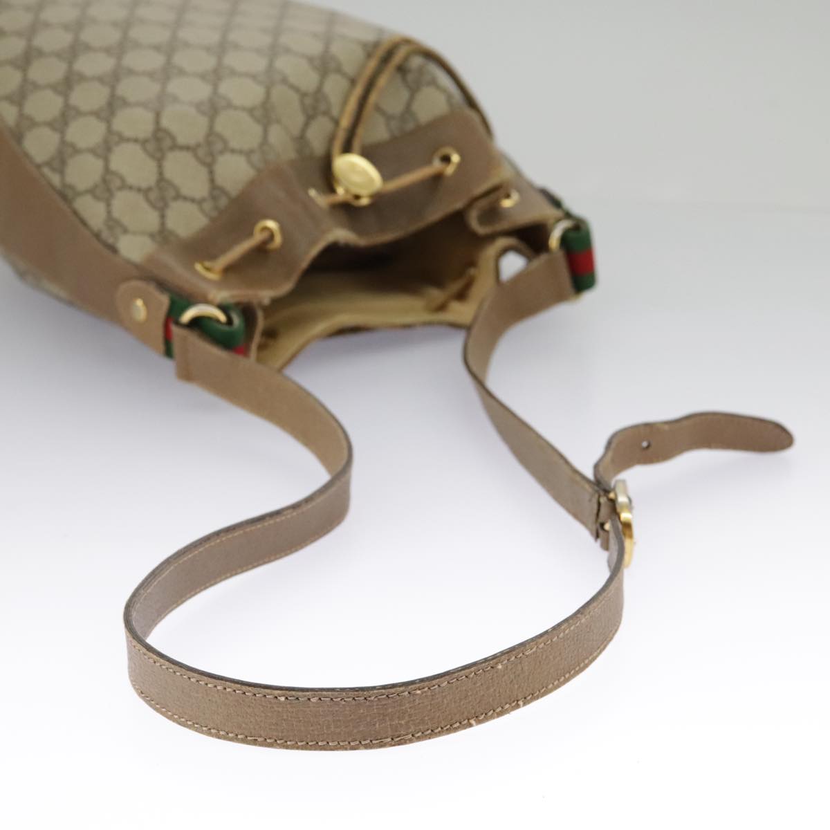 GUCCI GG Supreme Web Sherry Line Shoulder Bag PVC Beige Gold Auth 92167