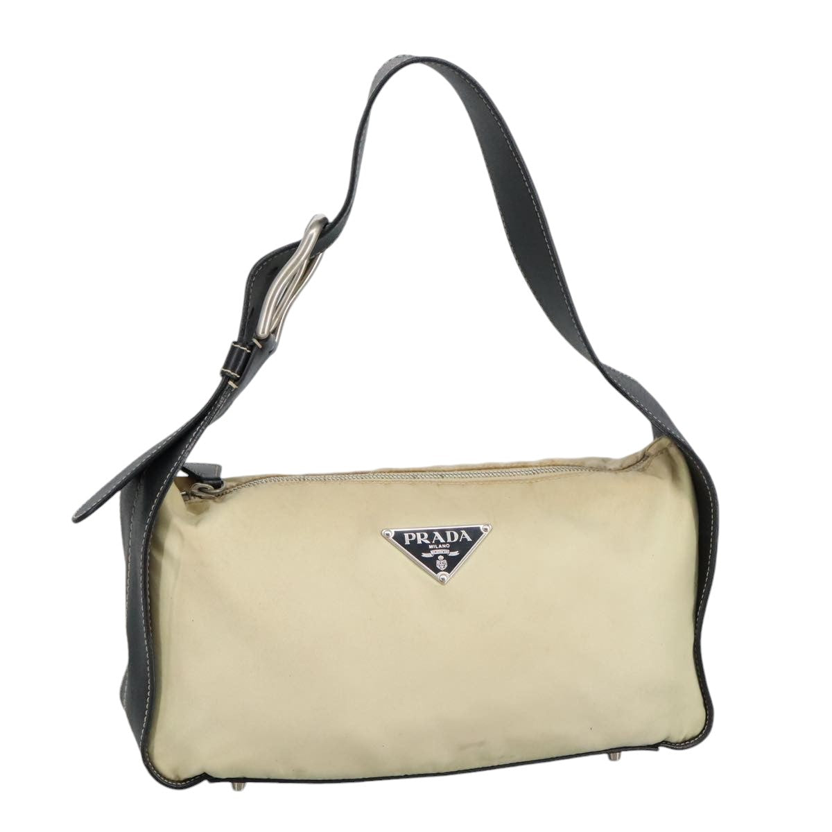 PRADA Shoulder Bag Nylon Leather Beige Black Silver Auth 92169