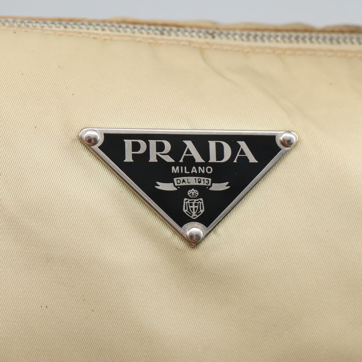 PRADA Shoulder Bag Nylon Leather Beige Black Silver Auth 92169