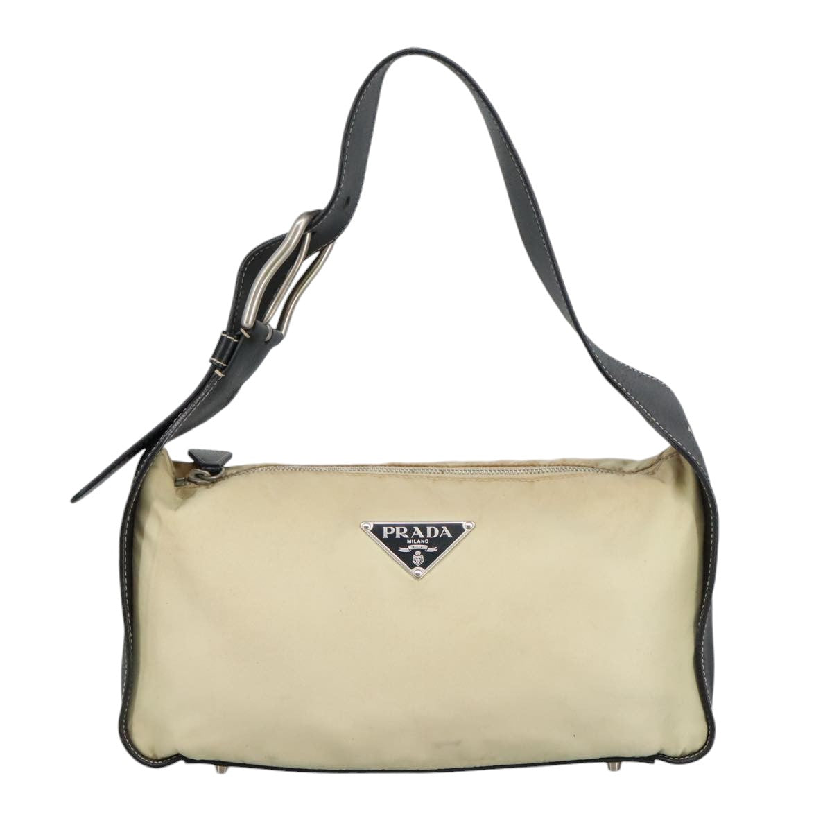 PRADA Shoulder Bag Nylon Leather Beige Black Silver Auth 92169