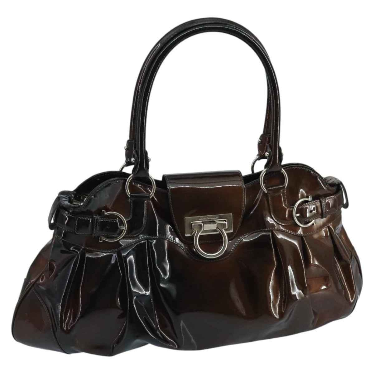 Salvatore Ferragamo Gancini Hand Bag Enamel Brown Silver Auth 92174