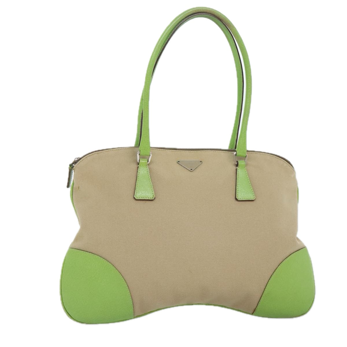 PRADA Hand Bag Canvas Beige Green Silver Auth 92186