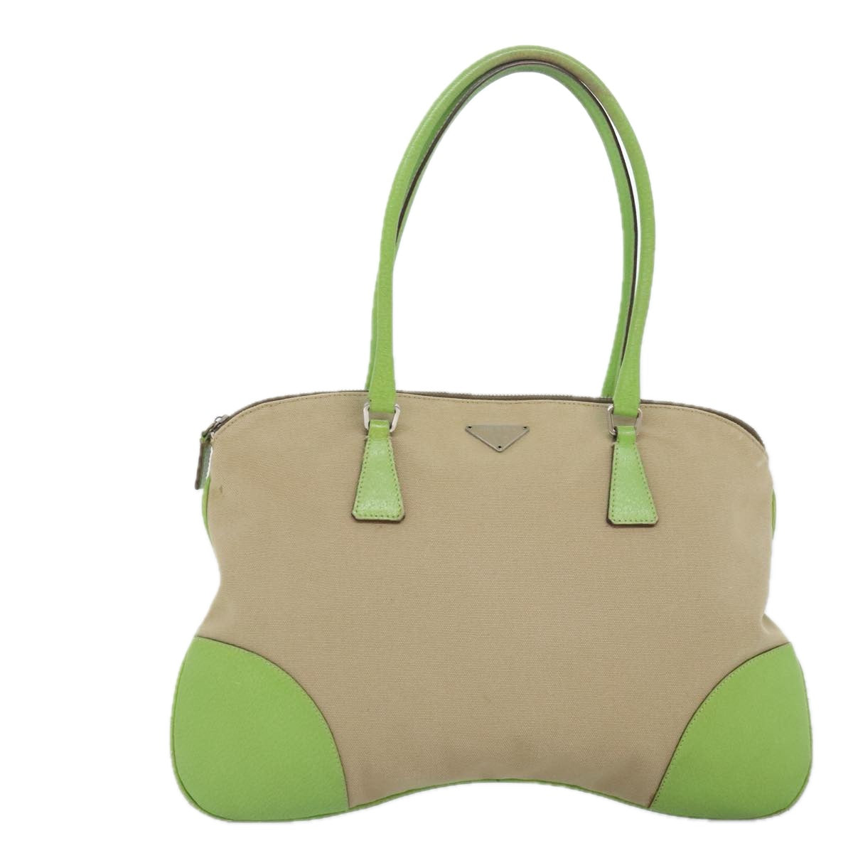 PRADA Hand Bag Canvas Beige Green Silver Auth 92186